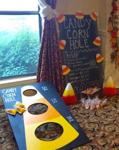 Candy Corn Hole Game, School Event Food Ideas, Fall Event Photo Booth, Fall Diy Games, Corn Hole Trunk Or Treat, Fall Festival Elementary School, Halloween Corn Hole, Candy Corn Toss, Corn Festival Ideas