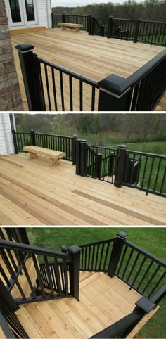 two pictures of a deck with black railings and wood flooring on the sides