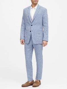 Slim Linen Suit Jacket | Banana Republic Color: Bright Blue Suits For Groomsmen, Blue Linen Suit, Beach Wedding Suits, Linen Pants Suit, Winter Suits, Dinner Suit, Summer Suit, Shirt Tucked In, Linen Suits