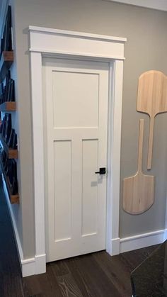 a white door with a wooden paddle on the side and shelves behind it in a gray room