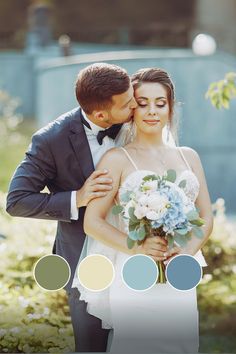 a bride and groom standing next to each other with their wedding colors in the background