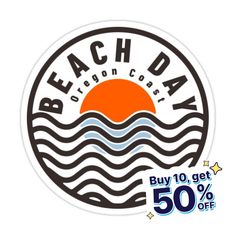 the beach day sticker is shown with an orange sun in the middle and waves on it