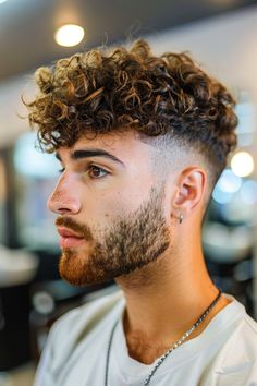 Click for More ➡️ | Save for Later ❤️  Short curly hair paired with a well-groomed beard, offering a rugged yet polished look. Keeping it in natural black or dark brown is ideal. (Short Curls with Beard - Haircuts For Men With Curly Hair) Curly Men Undercut, Curly Top Short Sides Men, Hair Color Ideas For Brown Skin Tone Men, Mens Haircut Long On Top Short On Sides Curly, Skin Fade Curly Hair Men, Fringe Curly Hair Men, Mens Curly Hairstyles Short Fade, Curly Hair Drop Fade, Haircuts For Curly Hair Natural Curls Men