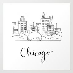 the chicago skyline in black and white with the word chicago written on it art print