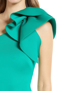 With sculptural-quality ruffles draping the single shoulder, this satin cocktail sheath gets instant attention. 41" length (size 8) Hidden side-zip closure One-shoulder neck Sleeveless Lined bodice 90% polyester, 10% spandex Dry clean or machine wash, line dry Imported Dresses One Shoulder Sleeveless Elastane Dress For Evening, One Shoulder Sleeveless Dress For Evening, Elastane, Sleeveless One Shoulder Elastane Evening Dress, Elastane Sleeveless One Shoulder Evening Dress, Chic One-shoulder Ruffle Dress For Cocktail, Sleeveless Elastane One-shoulder Evening Dress, Spring Cocktail One-shoulder Dress With Side Zipper, Chic Green One-shoulder Cocktail Dress, Chic One-shoulder Cocktail Dress With Draped Sleeves