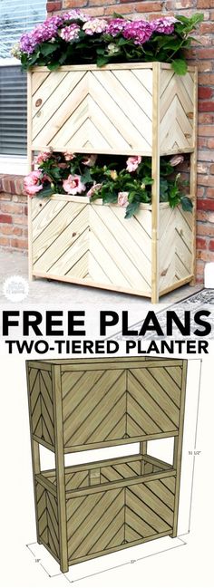 a wooden planter sitting on top of a brick wall with flowers growing out of it