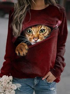 Cat Print Sweatshirt clearance sale Cat Sweater, Pullover Shirt, Streetwear Women, Casual Tee, Cat Print, Pullover Sweatshirts, Printed Sweatshirts, Long Sleeve Pullover, Casual Outfit