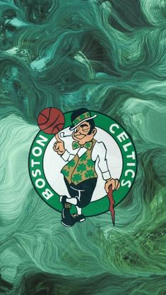 the boston celtic basketball team is depicted in green and white swirly watercolors