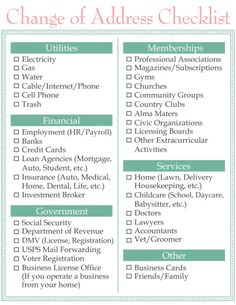 a checklist with the words change of address checks in green and white on it