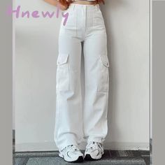 Hnewly Vintage Straight New Style Baggy Trousers Casual Pants Waist Pocket Denim Summer Women’s High Waist Cargo Pants With Multiple Pockets For Spring, Non-stretch Cargo Pants For Spring Streetwear, Trendy Baggy Cargo Jeans For Summer, High-waisted Cargo Pants With Multiple Pockets For Spring, Non-stretch Spring Cargo Pants For Streetwear, White Wide Leg Y2k Jeans, Y2k Wide Leg White Jeans, Y2k Style Straight Leg Parachute Pants For Summer, Trendy High-waisted Cargo Jeans For Summer