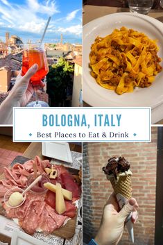 Four food pictures. One is pasta bolognese sauce, one is chocolate gelato in a cone, one is an aperol spritz with a rooftop view, one is a charcuterie board Bologna Nightlife, Bologna Restaurants, Sunset Restaurant, Germany Food, Food Map, Dinner Places