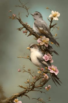 two birds sitting on top of a tree branch with pink flowers in front of them