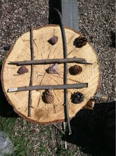 a piece of wood that has been cut in half and is sitting on the ground