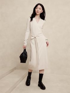 Wrap Midi Sweater Dress | Banana Republic Factory Fall Dresses For Women, Classic Fall Style, Dresses For Women Over 40, Dress And Sneakers Outfit, Fall Workwear, Wrap Sweater Dress, Midi Sweater Dress, Fall Wardrobe Essentials, Denim Essentials