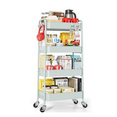 a metal cart filled with lots of different types of food and condiments on wheels