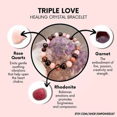 Triple Love Bracelet | Infused with Reiki | Rose Quartz, Rhodonite, Garnet Beads | Handmade Bracelet to Attract Love | Gift For Her or Him Energy Stones Crystal Healing, Control Emotions, Crystal Pouch, Jar Spells, Bridal Necklace Designs, Attract Love, Crystal Guide, Pink Stones, Crystals Healing Properties