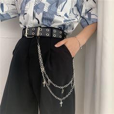 Material: PU, MetalOption: Double hole belt only, Belt + Single chain, Belt + Ring double chains, Belt + Cross plume chains, Ring double chains only, Cross plume chains only, Size:Belt length: 105cm, width: 3.8cmRing chain length: 48cmPlume chain length: 66cm Chain Outfit, Punk Love, Jeans Chain, Pant Chains, Belt Ring, Punk Girl, Fashion Belts, Chain Belt, Edgy Outfits