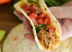 a hand holding a tortilla filled with meat and veggies