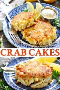 crab cakes with lemon wedges and parsley on the side, served in blue plates