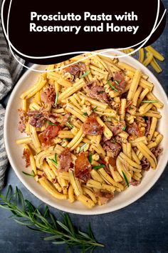 pasta with ham and honey in a white bowl