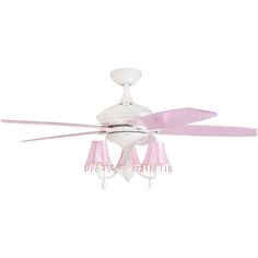 a white ceiling fan with pink shades on it's blades and three light bulbs