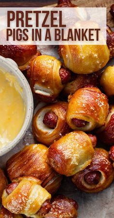 Pretzel Pigs in a Blanket on parchment paper with a bowl of cheese sauce for dipping. Pretzel Pigs In A Blanket, Easy Finger Food, New Years Appetizers, Easy To Make Appetizers, Finger Foods Easy, Best Appetizer Recipes, Pigs In A Blanket, Party Finger Foods, Football Food