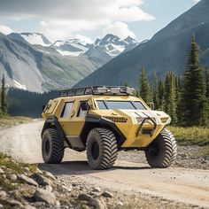 a yellow armored vehicle driving down a dirt road