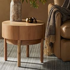 a living room scene with focus on the end table and chair, which has a potted plant in it