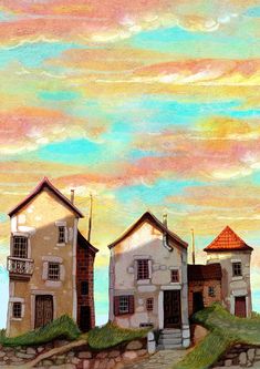 an oil painting of three houses on a hill with the sky in the background and clouds above them