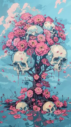 a painting with skulls and flowers on it