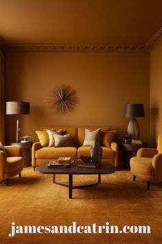 a living room filled with yellow furniture and lamps