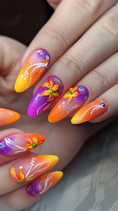 23 Neon Nail Designs To Elevate Your Manicure Game Neon Nail Art Designs, Nail Almond, Purple Gel Nails, Bright Nail Designs, Neon Nail Art, Nails Neon, Neon Nail Designs, Fingernail Designs, Disney Background