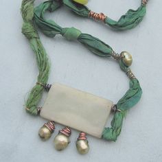 Bohemian Rhapsody, A Symphony of Jade, Pearls and Silk Bohemian Green Rectangular Necklace, Sari Silk Jewelry, Textile Necklace, Sari Ribbon, Silk Necklace, Silk Jewelry, Fiber Jewelry, Oxidized Copper, Unusual Jewelry