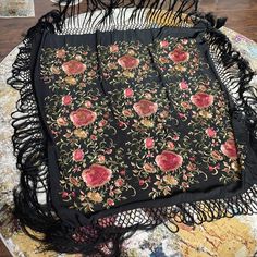 Gorgeous Vintage Piano Shawl /Wrap/Scarf ; Small Damage On The One Side ( See Picture) Size With Fringe-84”X84”; Without Tag About Brand And Fabric Black Bohemian Scarf With Floral Print, Black Bohemian Scarves With Floral Print, Black Floral Embroidered Shawl Dupatta, Black Floral Embroidered Dupatta Shawl, Black Shawl Dupatta With Floral Embroidery, Black Dupatta With Floral Embroidery In Shawl Shape, Black Dupatta Shawl, Piano Shawl, Vintage Piano