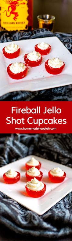 there are several small cupcakes on the plate and in the background is a bottle of fireball jello