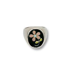 Silver & Enamel Ring - This cheery, sterling silver signet ring was hand-carved in wax then cast in sterling silver; the flower was created using the cloisonne technique then enameled and kiln-fired multiple times to achieve the desired result. This one-of-a-kind ring is a size 6.25. Silver Flower Enamel Ring As A Gift, Flower Shaped Enamel Ring As A Gift, Flower-shaped Enamel Ring As Gift, Flower-shaped Enamel Ring For Gift, Flower Shaped Enamel Ring For Gift, Floral Enamel Ring As Gift, Oval Enamel Ring For Gift, Oval Enamel Signet Ring As Gift, Oval Enamel Signet Ring For Gift