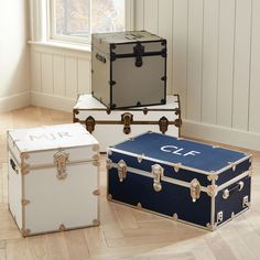 three suitcases sitting next to each other on the floor in front of a window