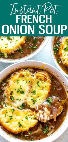 two bowls filled with french onion soup on top of a white countertop and the words instant pot french onion soup