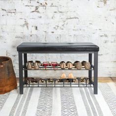 a shoe rack with several pairs of shoes on it