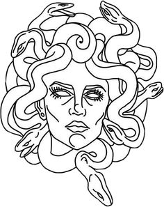 a drawing of a woman with snakes on her head and hands around her neck, in black and white