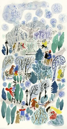 a drawing of trees and people in the woods with snowflakes on them,