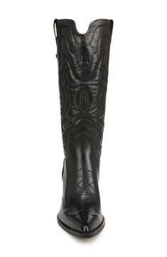 Decorative seams and tonal stitching add Western-inspired elements to a leather boot balanced by a pointy toe and stacked block heel. 2 3/4" heel 11" shaft; 14" regular calf circumference 11" shaft; 16" wide calf circumference Pull-on style Leather upper/synthetic lining and sole Imported Decorative Seams, Western Boots Women, Western Boot, Platform Slippers, Pointed Toe Shoes, Wide Calf, Leather Boot, Kids Sandals, Designer Clothes For Men