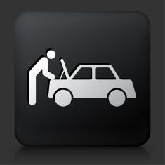 a black square button with a white car and a man filling the hood on it