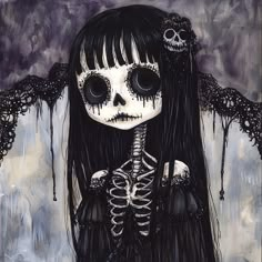 a painting of a skeleton girl with black hair