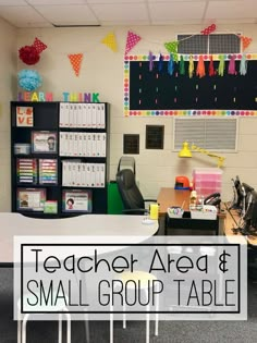 a classroom with desks, chairs and bookshelves in the background text reads teacher area 8 small group table