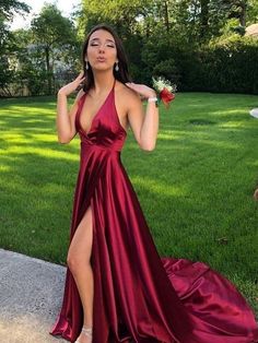 A-Line/Princess Sleeveless Halter Sweep/Brush Train Ruffles Silk like Satin Dresses - Prom Dresses Burgundy Formal Dress, Prom Dress With Train, Evening Dress Long, Robes D'occasion, Satin Dress Long, Backless Prom Dresses, Party Gowns, Dance Dresses, Prom Dresses Long