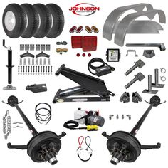 an assortment of parts and tools for a vehicle that is ready to be driven on