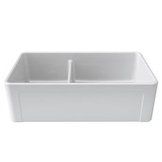 a white kitchen sink with two compartments on the front and back side, against a white background