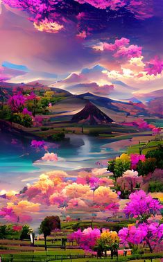 a painting of pink flowers in the foreground with mountains and water in the background