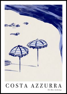 two umbrellas on the beach in blue and white watercolor, with text costa azzurra